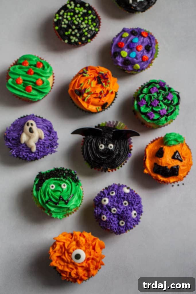 Close-up of a decorated Halloween cupcake with green frosting and candy eyeballs.