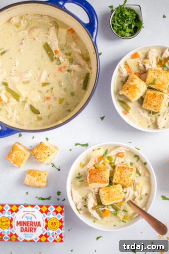 Two bowls of chicken pot pie soup garnished with herbs and croutons