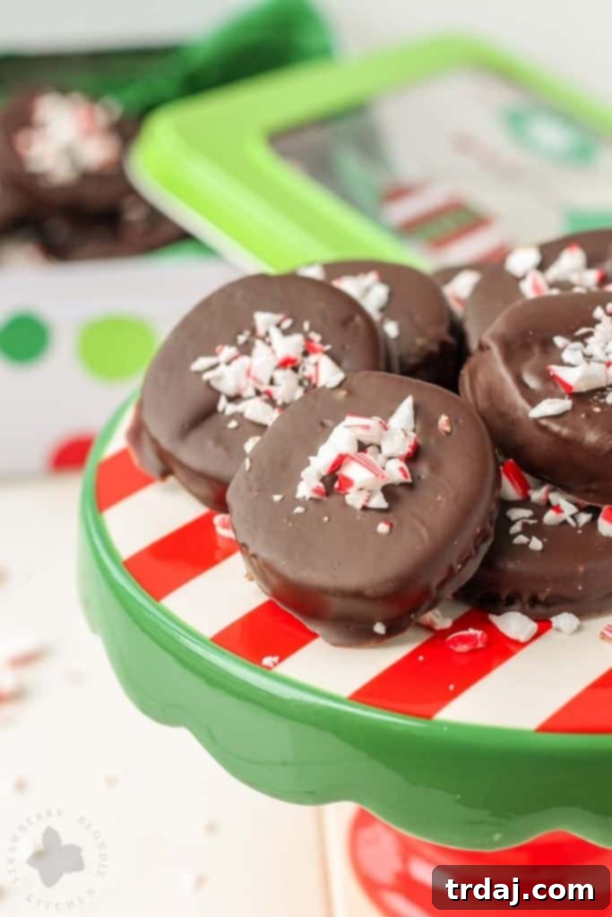 Festive Peppermint Chocolate Cookies 4 A close-up of a stack of Chocolate Peppermint Cookies, showing the rich chocolate coating and candy cane sprinkles.