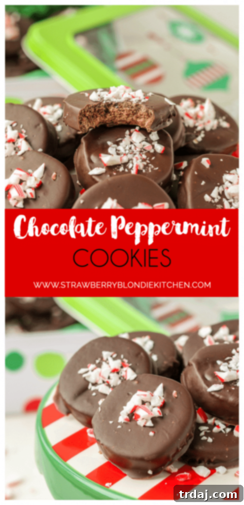 Festive Peppermint Chocolate Cookies 6 Promotional graphic for Chocolate Peppermint Cookies by Strawberry Blondie Kitchen, encouraging social media shares.