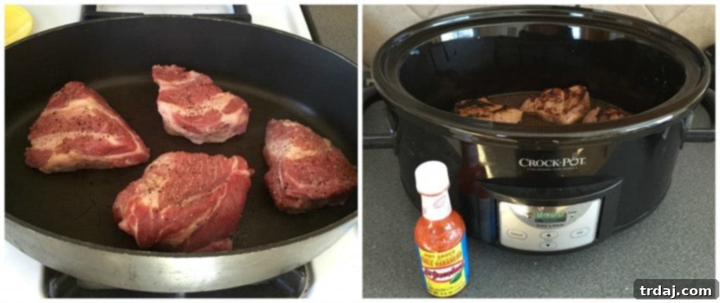 Pork chunks browning in a pan on the stovetop, seasoned and ready for slow cooking into delicious carnitas.