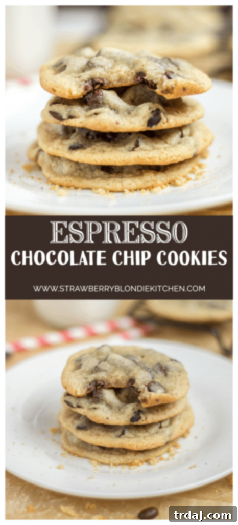 Soft, chewy, a little crunchy on the outside, buttery and sweet, these Espresso Chocolate Chip Cookies combine two of the best flavor combos, coffee and chocolate. They are a perfect pair, match made in Heaven, two peas in a pod...you get my drift. | Strawberry Blondie Kitchen