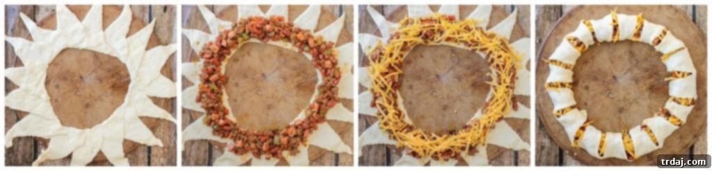 The process of assembling a Chili Cheese Dog Crescent Ring, showing the crescent dough laid out in a sun pattern.