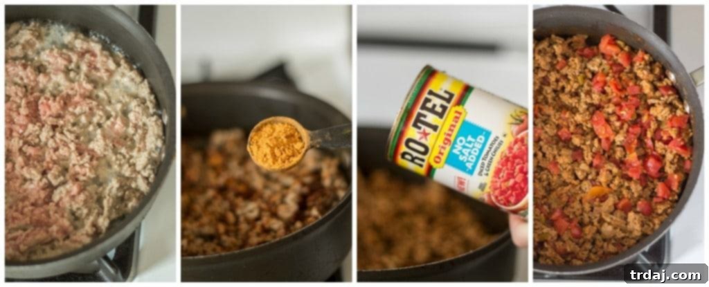 Homemade taco meat with Ro*TEL tomatoes and seasoning for healthier tacos.