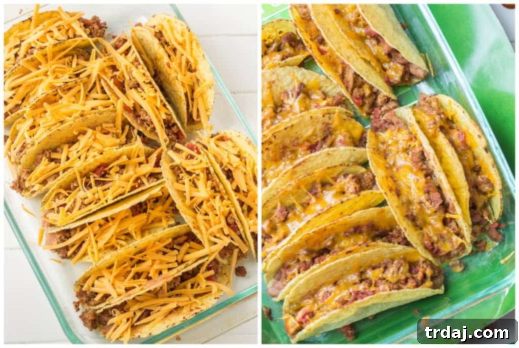 Oven baked tacos with melted cheese, fresh out of the oven, ready to serve.