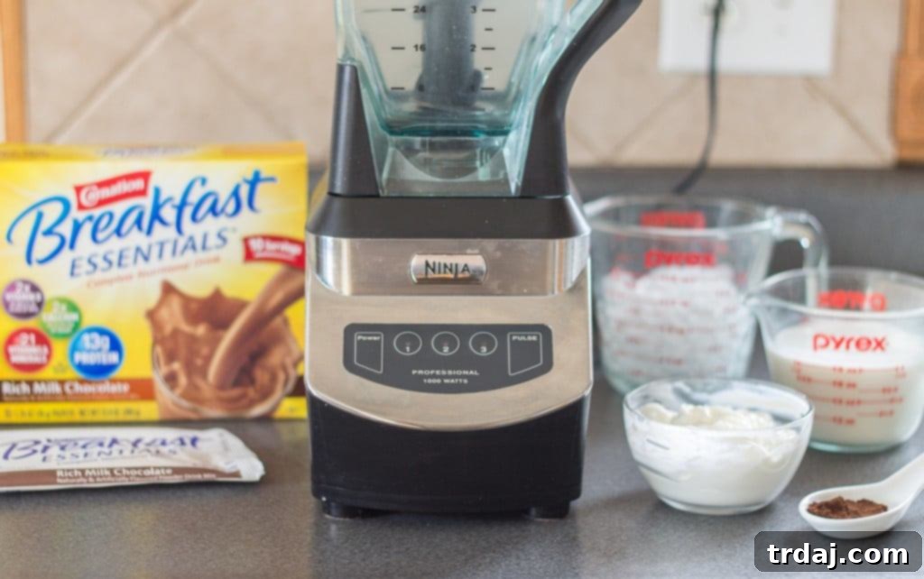 Ingredients laid out for making a Mocha Coconut Java Carnation Breakfast Shake.