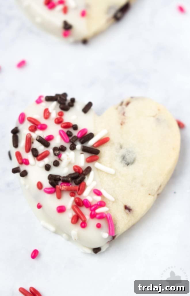 Surprise and delight your Valentine with these White Chocolate Cranberry Shortbread Heart Cookies. Nothing says I love you more than fresh home baked cookies shaped like hearts, dipped in white chocolate and covered in sprinkles!