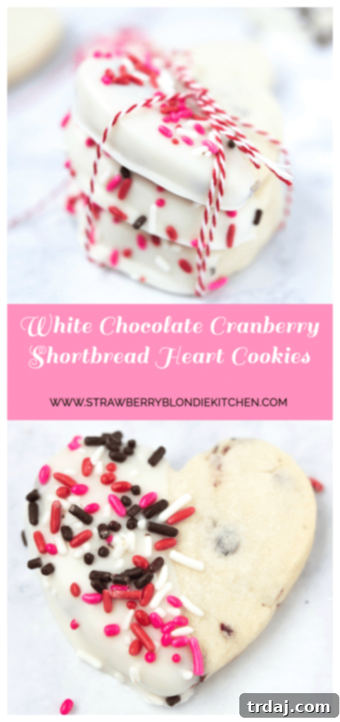 Surprise and delight your Valentine with these White Chocolate Cranberry Shortbread Heart Cookies. Nothing says I love you more than fresh home baked cookies shaped like hearts, dipped in white chocolate and covered in sprinkles!