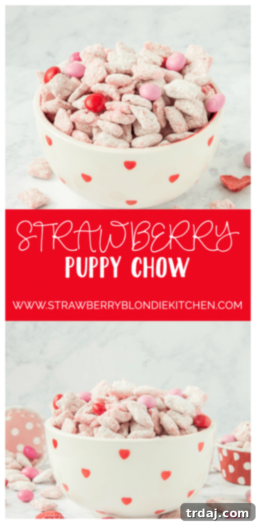 Beautifully styled Strawberry Puppy Chow in a white bowl, ready to be enjoyed