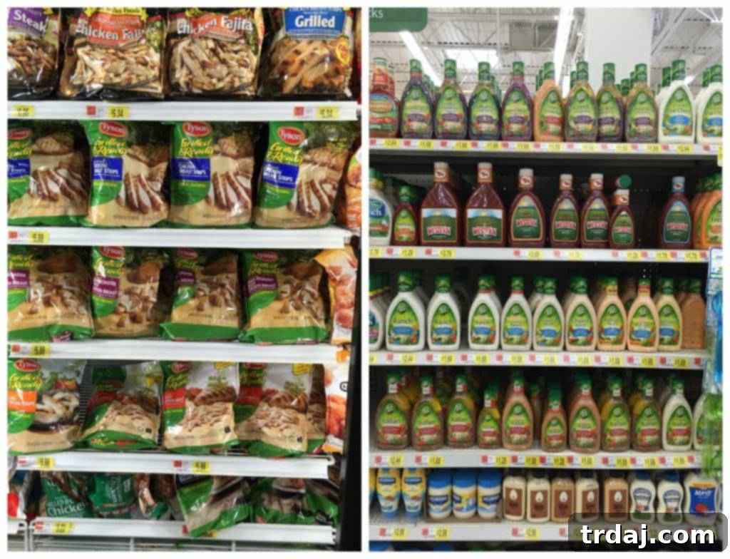 Wish-Bone Regular Italian Dressing and Tyson Grilled & Ready Chicken Breast Strips, key ingredients for a quick and healthy Caprese salad.