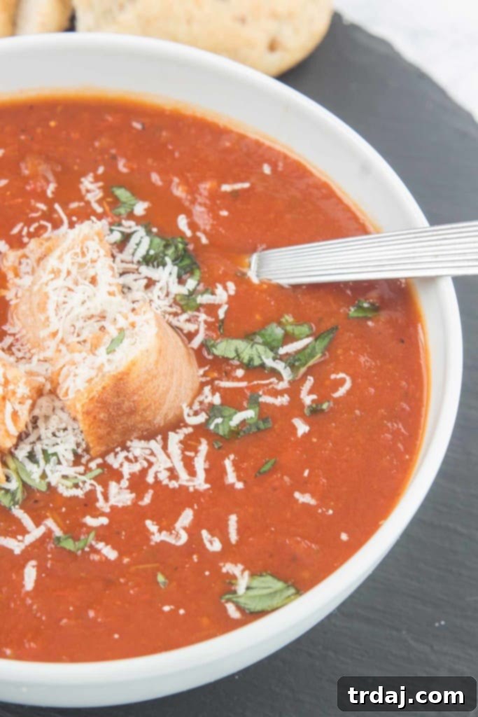 Serve this delightful Slow Cooker Roasted Red Pepper and Tomato Soup for a wholesome and easy family meal. Overhead view of Slow Cooker Roasted Red Pepper and Tomato Soup with fresh herbs