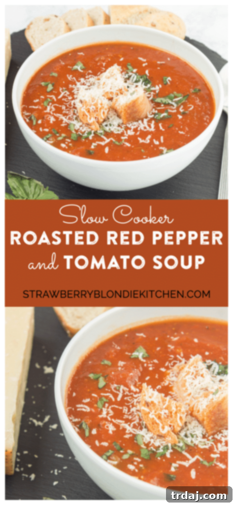 Pin this Slow Cooker Roasted Red Pepper and Tomato Soup recipe for a delicious and easy meal idea. Pin for Slow Cooker Roasted Red Pepper and Tomato Soup