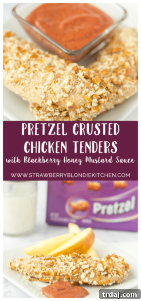 Crispy Pretzel Chicken Tenders with Sweet & Tangy Blackberry Honey Mustard 12 Kids starving after school and you’re tired of feeding them the same ole snack? Try these Pretzel Crusted Chicken Tenders. Chicken Tender strips are coated in Goldfish® Pretzel crackers, baked in the oven and served with a delicious Blackberry honey mustard sauce dipping sauce your kids will love! | Strawberry Blondie Kitchen
