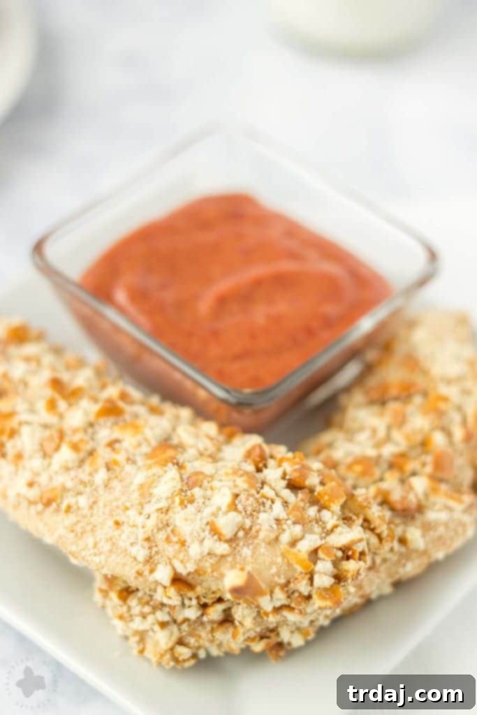 Crispy Pretzel Chicken Tenders with Sweet & Tangy Blackberry Honey Mustard 3 Kids starving after school and you’re tired of feeding them the same ole snack? Try these Pretzel Crusted Chicken Tenders. Chicken Tender strips are coated in Goldfish® Pretzel crackers, baked in the oven and served with a delicious Blackberry honey mustard sauce dipping sauce your kids will love! | Strawberry Blondie Kitchen