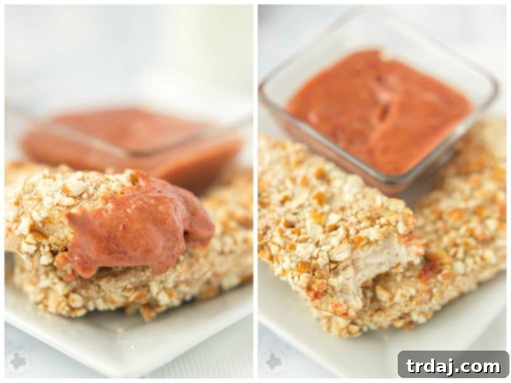 Crispy Pretzel Chicken Tenders with Sweet & Tangy Blackberry Honey Mustard 8 Kids starving after school and you’re tired of feeding them the same ole snack? Try these Pretzel Crusted Chicken Tenders. Chicken Tender strips are coated in Goldfish® Pretzel crackers, baked in the oven and served with a delicious Blackberry honey mustard sauce dipping sauce your kids will love! | Strawberry Blondie Kitchen