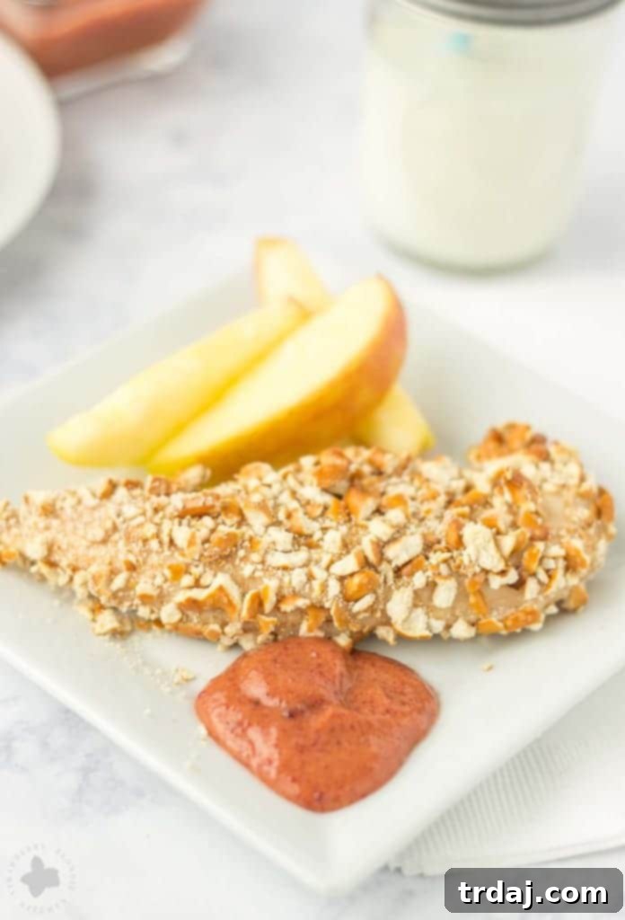 Crispy Pretzel Chicken Tenders with Sweet & Tangy Blackberry Honey Mustard 9 Kids starving after school and you’re tired of feeding them the same ole snack? Try these Pretzel Crusted Chicken Tenders. Chicken Tender strips are coated in Goldfish® Pretzel crackers, baked in the oven and served with a delicious Blackberry honey mustard sauce dipping sauce your kids will love! | Strawberry Blondie Kitchen