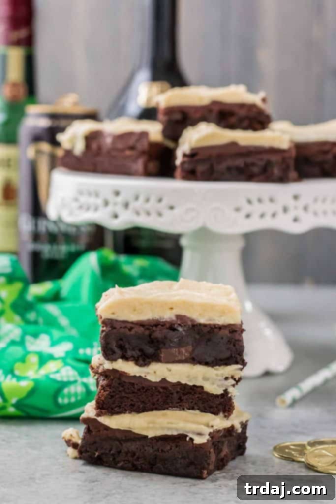 overhead shot of Irish Car Bomb Brownies arranged on a serving plate