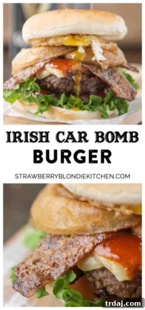 Irish Cream & Stout Burger 9 An All American beef patty with Guinness Battered Onion rings, Jameson BBQ sauce and Candied Baileys Bacon, this Irish Car Bomb Burger is literally a flavor bomb! | Strawberry Blondie Kitchen