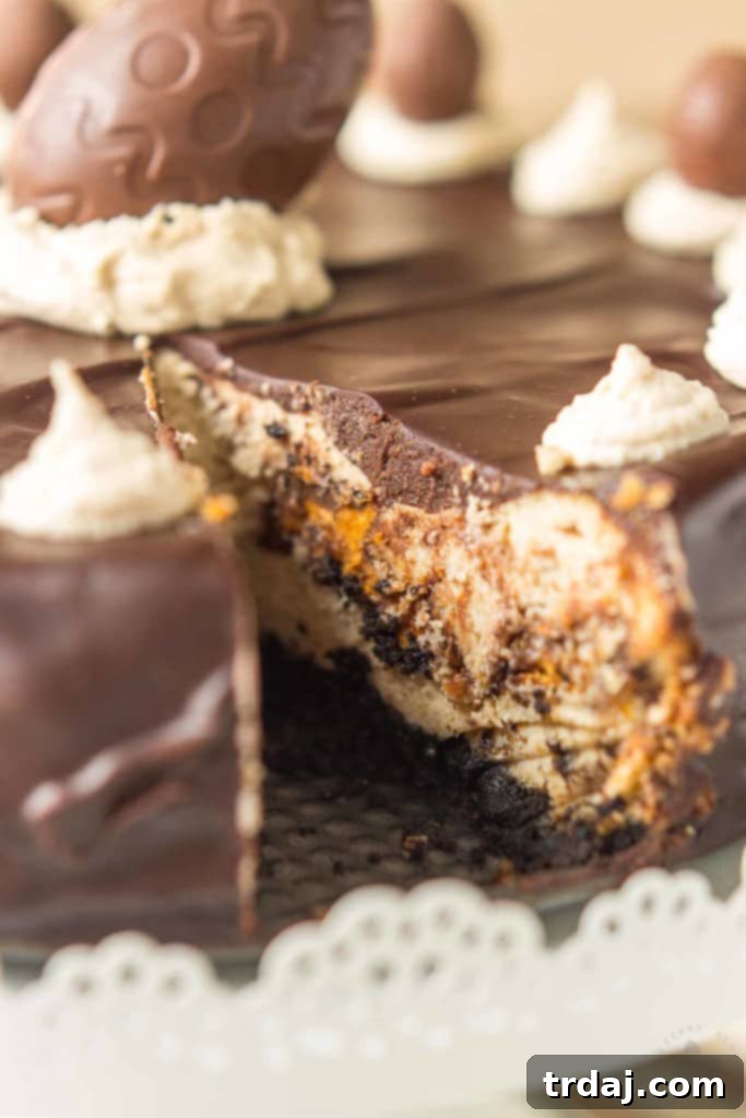 Butterfinger Crunch Cheesecake Pie 9 A pristine slice of BUTTERFINGER® Cheesecake Pie ready to be enjoyed.