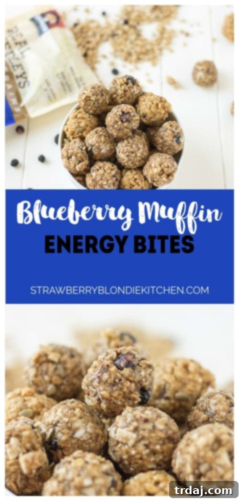 These 4 ingredient, no bake, Blueberry Muffin Energy Bites are the perfect grab and go breakfast or snack. Packed with good for you super grains and seeds, these will be your new and nutritious way to start your day or tackle your afternoon to do list! | Strawberry Blondie Kitchen