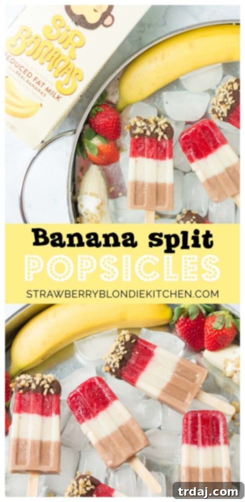 Layers of fresh strawberries, Sir BananamilkTM, and Sir Chocolate BananamilkTM make these Banana Split Popsicles irresistible to both adults and children alike. | Strawberry Blondie Kitchen