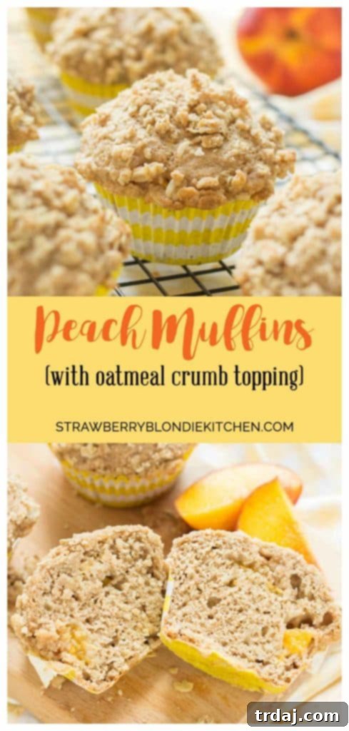 A beautiful shot of Peach Oatmeal Crumb Muffins, inviting readers to try this delicious recipe. | Strawberry Blondie Kitchen