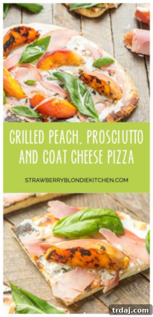 Stunning vertical shot of the Grilled Peach, Prosciutto, and Goat Cheese Pizza, emphasizing its gourmet appeal and fresh ingredients | Strawberry Blondie Kitchen