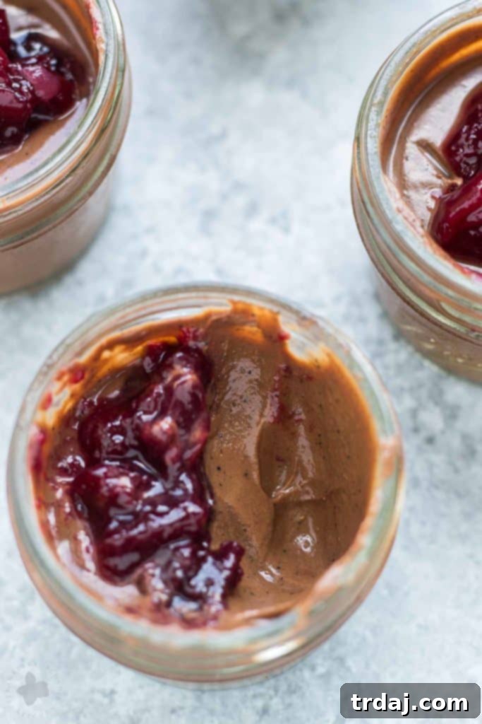 Close-up of Mini Chocolate Mason Jars showing luscious chocolate and espresso specks.