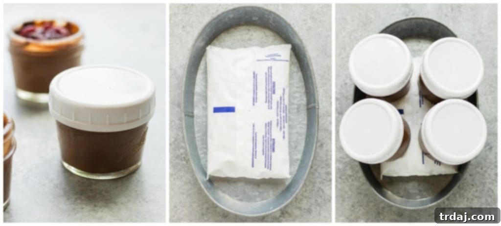 How to pack Mini Chocolate Mason Jars with Cherry Jam for a picnic, showing them in a tray with foil.