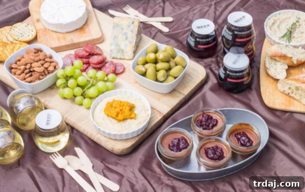 An array of delicious charcuterie board items and sweet Mini Chocolate Mason Jars with Cherry Jam, ready for a picnic.