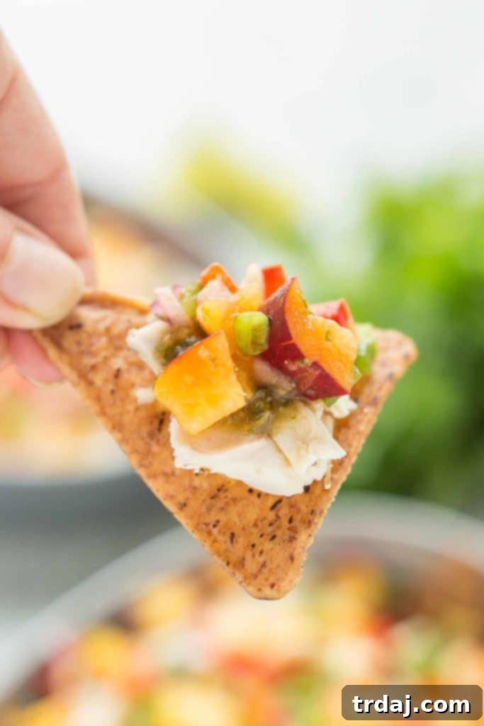 Close-up of Chicken Nachos with Peach Salsa, highlighting the colorful combination of ripe peaches, vibrant veggies, shredded chicken, and melted cheese on crispy tortilla chips.