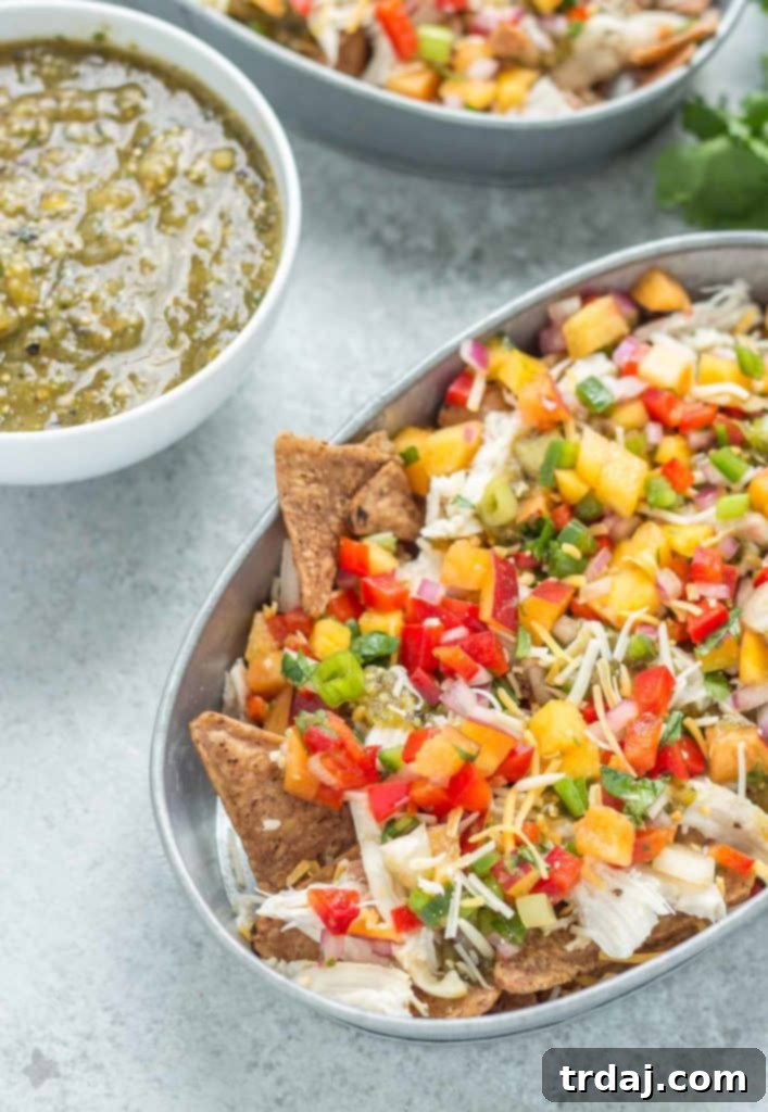 A hand reaching for a chip laden with Chicken Nachos and Peach Salsa, emphasizing the deliciousness and tempting presentation.