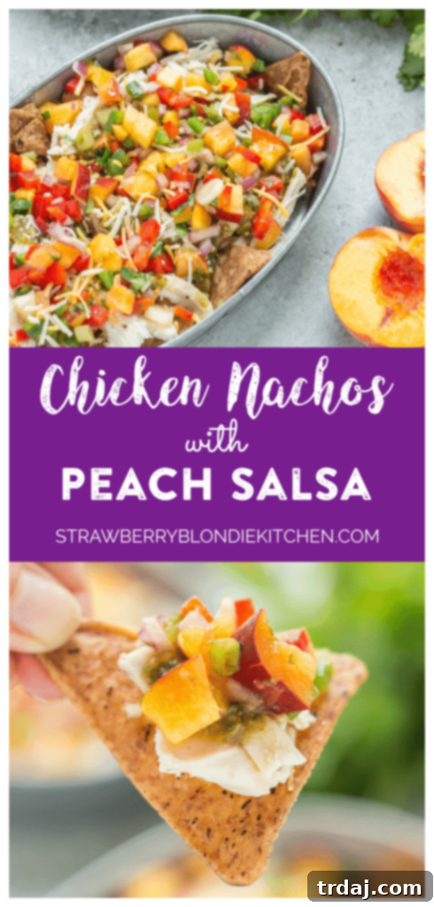 A stunning graphic for Chicken Nachos with Peach Salsa, designed for pinning on Pinterest, showcasing the dish's irresistible appeal.
