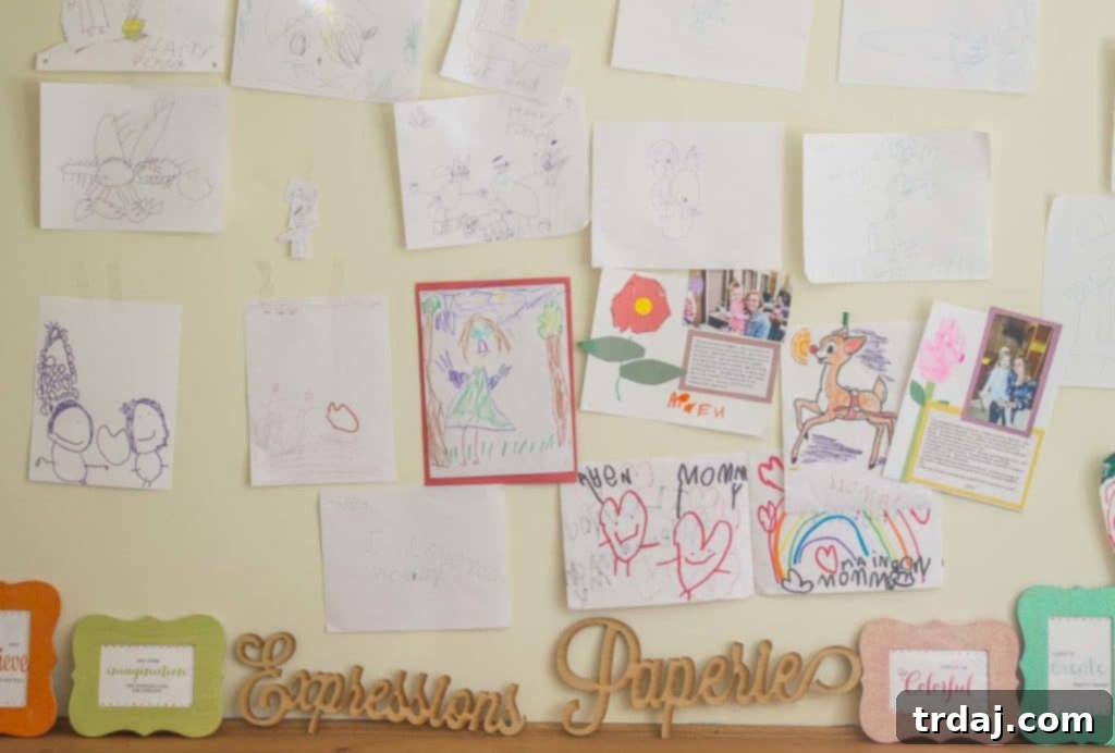 Child's artwork displayed on a wall, showcasing a cherished memory and inspiring creativity.