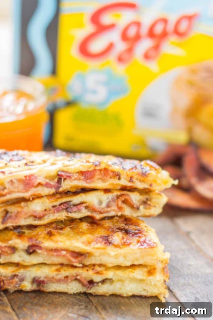 Finished Bacon, Havarti, and Peach Wafflewiches, ready to serve as a quick and easy family meal.