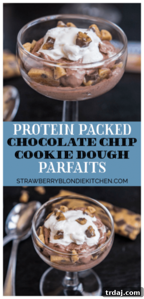 Muscle-Boosting Chocolate Chip Cookie Dough Parfaits 11 Call to action for social media and subscription to Strawberry Blondie Kitchen.