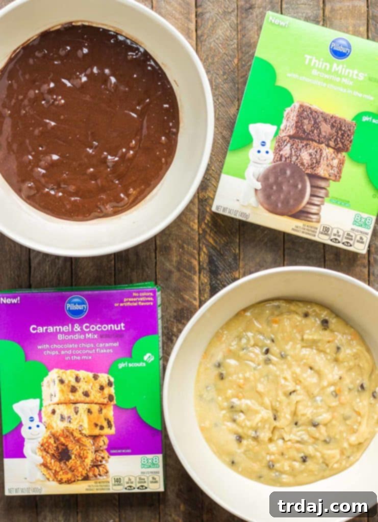 These Pillsbury Pillsbury Girl Scouts Baking Mixes feature the flavor of Samoas in their Caramel and Coconut Blondies and Thin Mint Cookies in their Thin Mint Brownies. All I can say is, Pillsbury nailed it. Now you can enjoy the flavor of Girl Scout cookies all year long! | Strawberry Blondie Kitchen