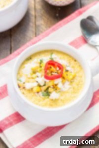 A smaller image of the Mexican Street Corn Chowder, showing the creamy texture and inviting presentation with garnishes.