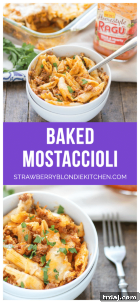 Final plated serving of Baked Mostaccioli, garnished and ready to be enjoyed.