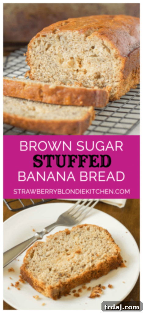 Join our community for weekly recipes: Super moist banana bread is ribboned with brown sugar cream cheese and aromatic spices making this Brown Sugar Stuffed Banana Bread one outstanding quick bread. It's sure to be the last banana bread recipe you'll ever need! | Strawberry Blondie Kitchen