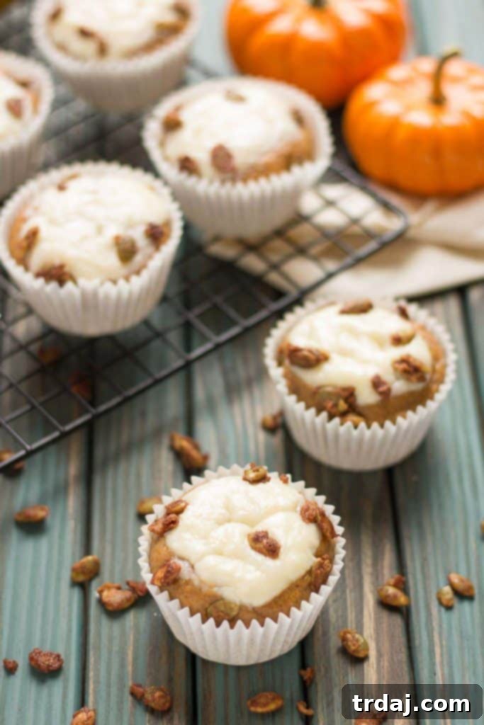 Delicious Pumpkin Spice Cream Cheese Muffins, the perfect autumn treat, featuring a creamy swirl and sugared pepitas. | Strawberry Blondie Kitchen