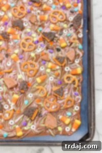 Monster Mash Bark 8 Halloween Candy Bark, a customizable no-bake recipe perfect for using leftover Halloween candy.