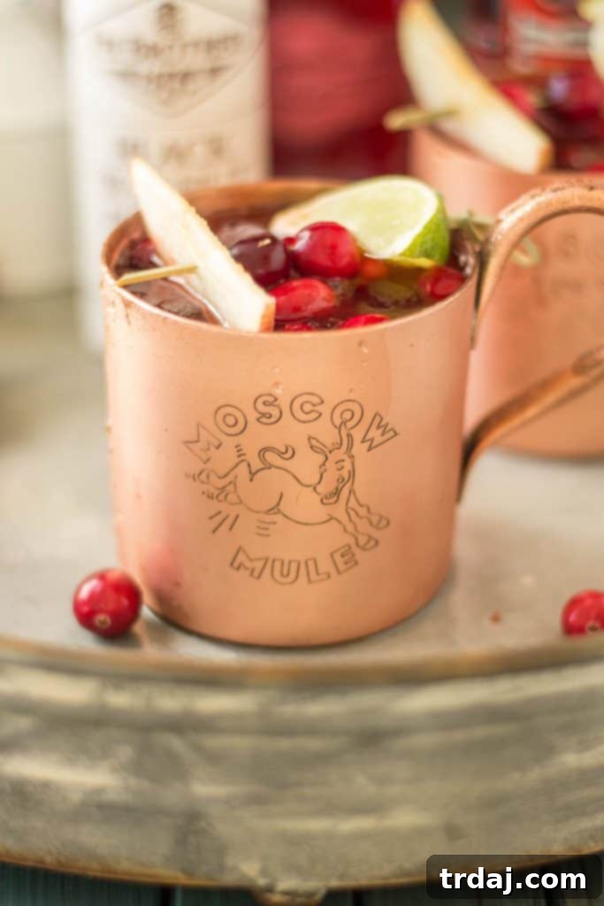 Close-up of a Cranberry Apple Moscow Mule, showcasing its vibrant red hue and frosty copper mug, ideal for autumn entertaining and holiday parties.