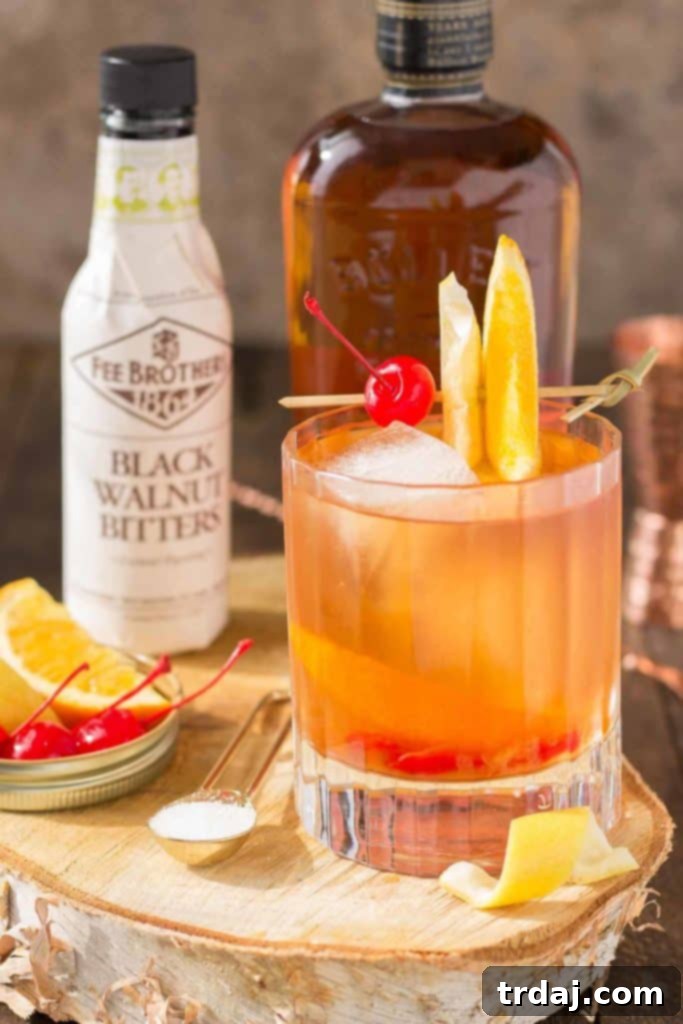 Ingredients for a Black Walnut Old Fashioned cocktail, including bourbon, bitters, and orange.