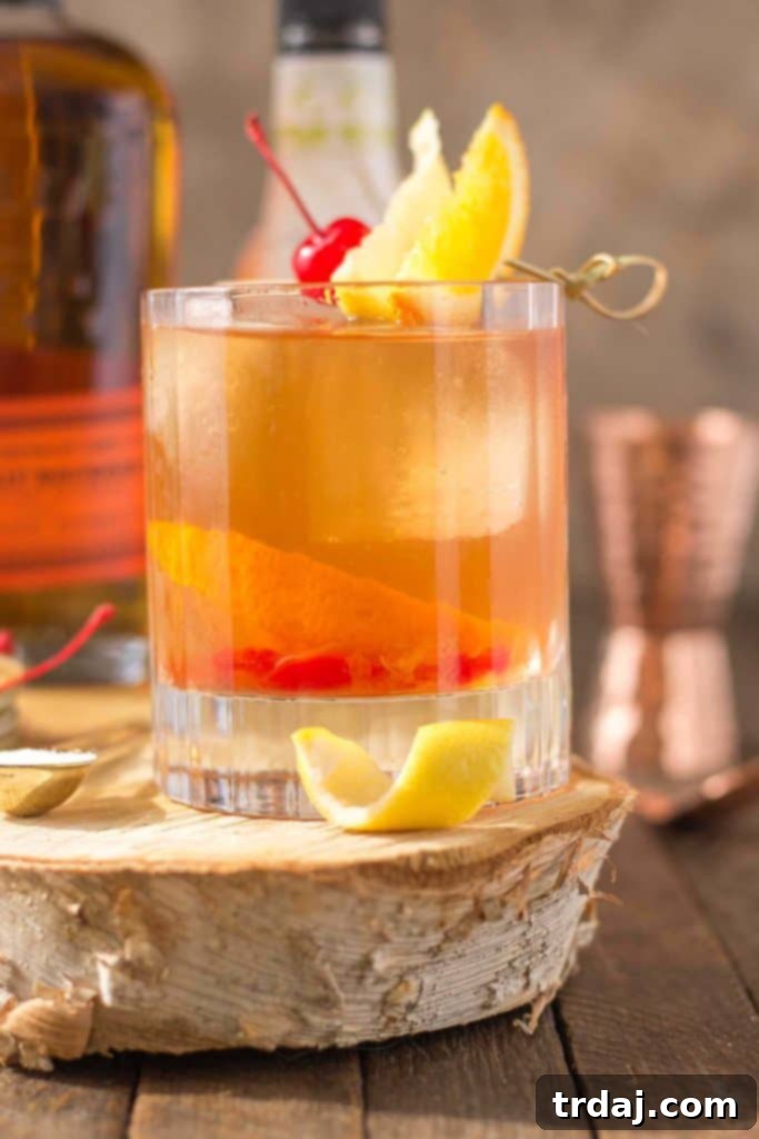 Hands preparing a Black Walnut Old Fashioned cocktail, muddling ingredients in a glass.