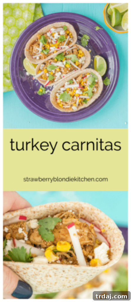Pin for Turkey Carnitas recipe featuring a full spread of the dish