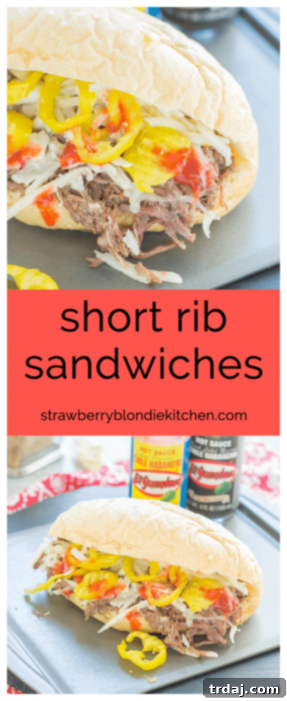 Slow-Cooked Short Rib Sandwiches 10 Pin for ultimate Short Rib Sandwiches featuring slow cooked beef and El Yucateco hot sauce. | Strawberry Blondie Kitchen