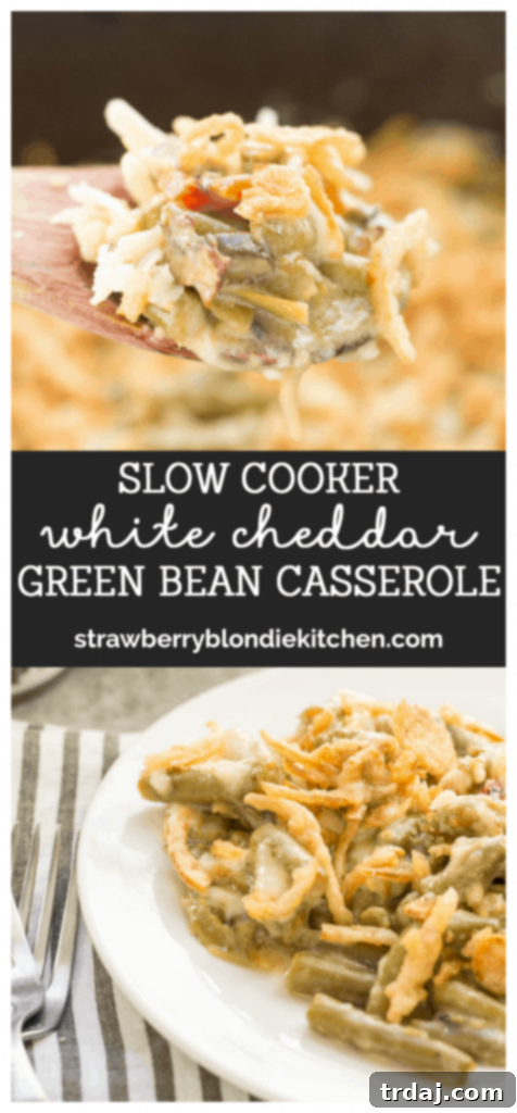 Creamy White Cheddar Green Bean Casserole (Slow Cooker) 12 Sharp white cheddar cheese elevates this Slow Cooker White Cheddar Green Bean Casserole to make it the star side dish of your holiday table! | Strawberry Blondie Kitchen