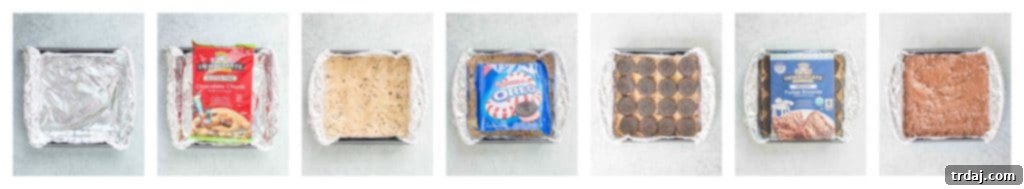 Assembling Peppermint Hot Chocolate Brookies with layers of cookie and brownie