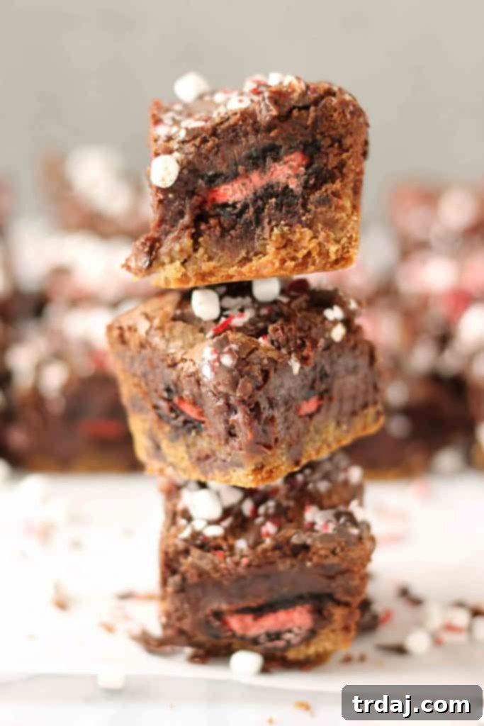 Close-up of a square of Peppermint Hot Chocolate Brookie, showing layers and toppings